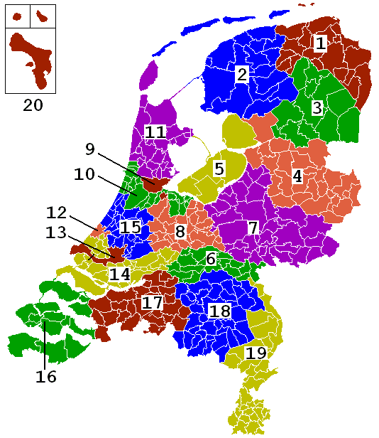 Map of the division of the Netherlands in 20 electoral districts